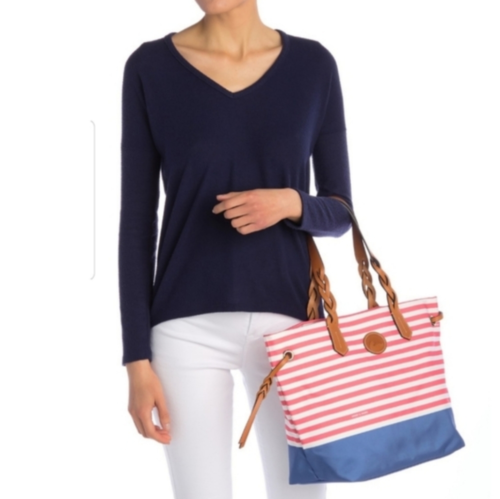 Dooney & Bourke Pink & White Striped Tote with Blue Base and Tan Handles